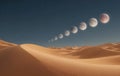 Stunning lunar eclipse sequence over vast desert landscape evokes wonder and celestial events with warm tones Royalty Free Stock Photo