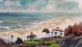 A generative ai illustration of a villa located on the seaside, offering breathtaking views of the ocean and a relaxing