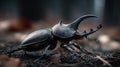 Macro closeup of a Hercules beetle with sharp black horn and armored body. Generated Ai Royalty Free Stock Photo