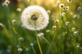 Early Bloom: Macro Photography of a Pure White Dandelion Head in a Meadow During Golden Hour