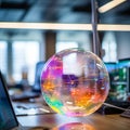 Translucent Soap Bubble Reflecting Vibrant Stock Charts in Modern Office