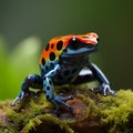 Vibrant Leap: Macro Shot of Colorful Poison Dart Frog on Green Leaf