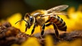 Vibrant Bee Collecting Pollen from Sunflower in Lush Field