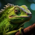 Intricate Textures: Close-up of a Majestic Green Chameleon in Tropical Surroundings