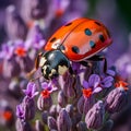 Delicate Dance: Ladybug on Vibrant Purple Petal Royalty Free Stock Photo