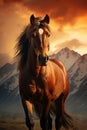 Stunning and majestic horse stands gracefully in a picturesque landscape, with a vibrant sunset and majestic mountains in the