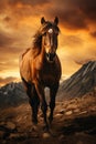 Stunning and majestic horse stands gracefully in a picturesque landscape, with a vibrant sunset and majestic mountains in the