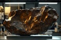 Large metallic mineral specimen displayed in a modern laboratory setting with bright lighting