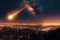 Stunning meteor shower over a cityscape at twilight with stars and galaxy in view