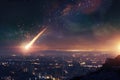 Stunning meteor shower over a cityscape at twilight with stars and galaxy in view