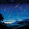 Stunning Meteor Shower with Whimsical Characters in Night Sky