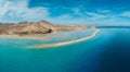 Stunning mid level aspect aerial panoramic view of the beautiful beach, lagoon and sand dunes at Sotavento on Fuerteventura Royalty Free Stock Photo