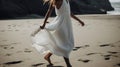 A model in a billowy white summer dress walking on the beach created with Generative AI