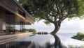 Stunning modern architecture with tranquil infinity pool overlooking serene ocean vista, framed by lush greenery. Perfect blend of Royalty Free Stock Photo