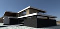 Stunning modern home. Entrance to the parking lot. Black brick walls. Gray advanced paving stone. Clear blue sky. 3d render