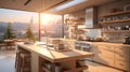 Stunning Modern Kitchen with Large Window in a Skyscraper Overlooking the City at Sunrise.