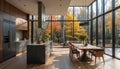 Modern Kitchen Dining Room Autumn Forest View Royalty Free Stock Photo