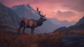 Dramatic sunset over mountain range with red deer stag Royalty Free Stock Photo