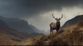 Dramatic sunset over mountain range with red deer stag Royalty Free Stock Photo