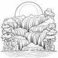 Moon Scene Coloring Page With Cascading Waterfall