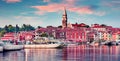 Stunning morning cityscape of old fishing town Isola. Colorful summer seascape of Adriatic Sea. Beautiful outdoor scene of Sloveni Royalty Free Stock Photo