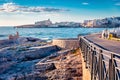 Stunning morning cityscape of Vieste town. Bright summer cescape of Adriatic sea, Gargano National Park, Apulia region, Italy, Eur Royalty Free Stock Photo