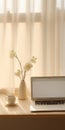 Stunning Morning Scene: White Laptop, Flowers, And Cup