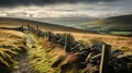 Stunning Morning View: Hill With Stone Fence On English Moors