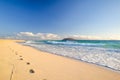 Stunning morning view of the islands of Lobos and Lanzarote seen from Corralejo Beach Grandes Playas de Corralejo on Fuerteventu Royalty Free Stock Photo