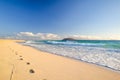 Stunning morning view of the islands of Lobos and Lanzarote seen from Corralejo Beach Grandes Playas de Corralejo on Fuerteventu