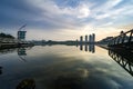 Stunning morning view near the lakeside, modern building and wooden jetty Royalty Free Stock Photo