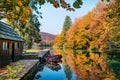 Stunning morning view of pure water lake with boats in Plitvice National Park. Amazing autumn scene of Croatia, Europe. Beauty of