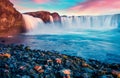 Stunning morning view of Skjalfandafljot river, Iceland, Europe. Picturesque summer scene of Godafoss, spectacular waterfall plung