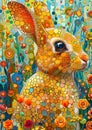 A stunning mosaic-style rabbit sits amidst a lush, fantastical garden