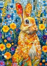 A stunning mosaic-style rabbit sits amidst a lush, fantastical garden