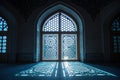 Stunning Mosque Interior Intricate Arch Window with Light Beams & Shadow Patterns Royalty Free Stock Photo
