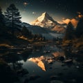 Nighttime Reflections: Annapurna Iii Landscape With Pine Trees And Reflective Waters Royalty Free Stock Photo