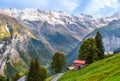 Stunning mountain landscape of Lauterbrunnen valley, Switzerland. Hiking trail from Murren to Gimmelwald village. Snow Royalty Free Stock Photo