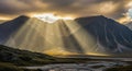 Dramatic Mountain Landscape With Sunlight Rays Over a Green Pasture Ai Generated Royalty Free Stock Photo