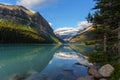 Stunning mountain setting of Lake Louise with reflection of soaring peaks in turquoise waters,Canada Royalty Free Stock Photo