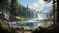 Stunning Mountain Waterfall Painting: Realistic And Whistlerian Artwork