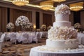 Stunning multi-tier wedding cake, decorated with flowers, in the ceremonial hall