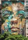 Stunning mural on building features woman\'s face with urban elements.