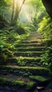 Stunning mysterious road steps that leads to a mystical world, fairytale path hides among the green trees