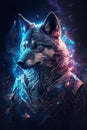 In a stunning and mystical illustration, a wolf wearing galaxy fashion is portrayed with a sense of wild beauty and mystery,