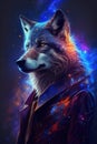 In a stunning and mystical illustration, a wolf wearing galaxy fashion is portrayed with a sense of wild beauty and mystery,