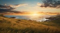 Golden Hour Coastal Landscape: Tall Grass, Sunset, And Ocean Royalty Free Stock Photo