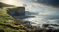 Coastline In Yorkshire: Cliffs And Grass Near The Ocean In Ireland
