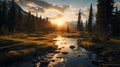 Golden Hour Wilderness Landscape: Whistlerian Style Photo-realistic Stream In The Mountains
