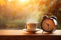 Stunning natural background, amazing natural scenery, vintage alarm clock, coffee break